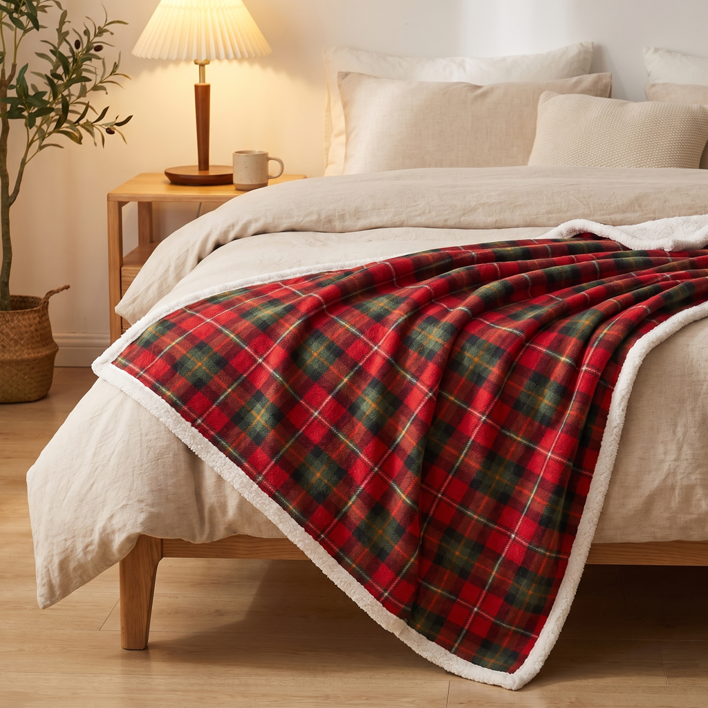 Red-and-green tartan plaid throw with plush sherpa reverse draped across the foot of a bed