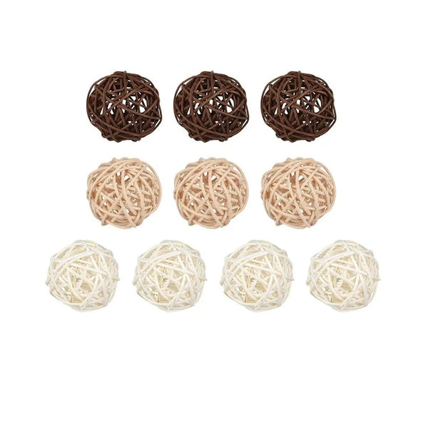 Pack of 10 woven rattan balls, 3 cm each: 3 coffee brown, 3 natural tan and 4 white