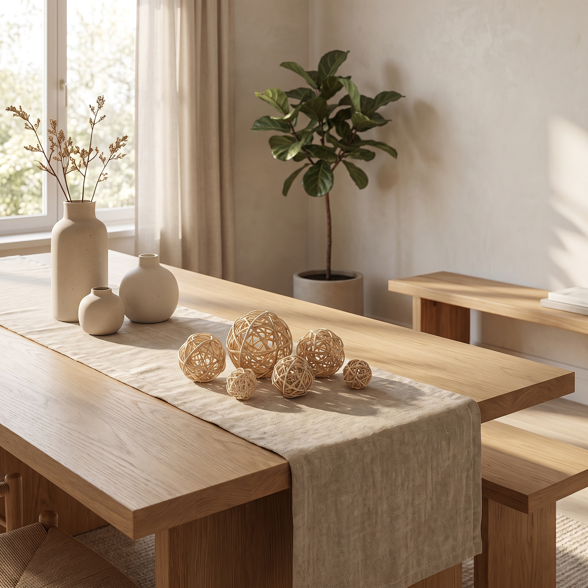 Rattan decorative balls arranged on a neutral linen runner across a dining table