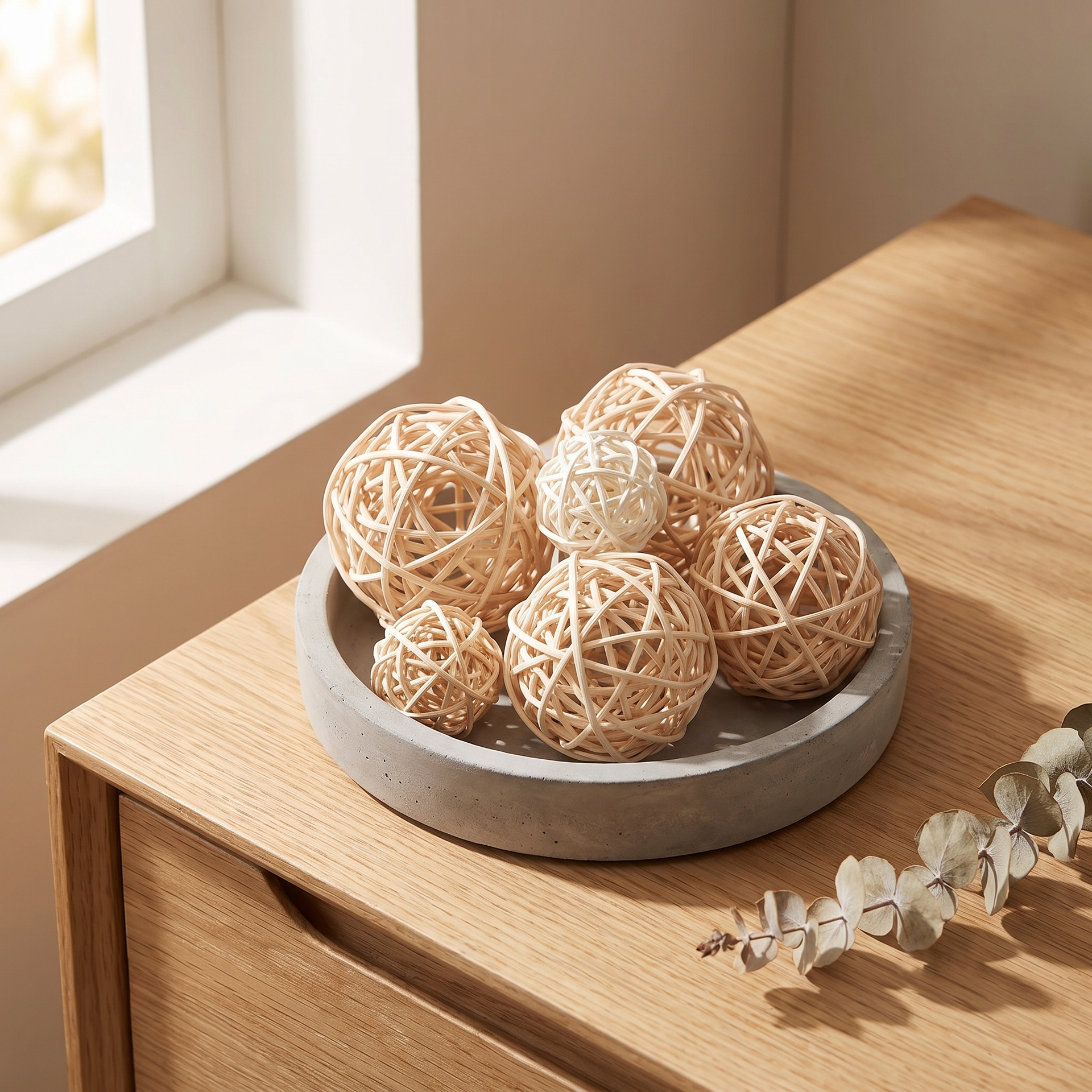 Two sizes of woven rattan orbs resting in a minimalist concrete dish