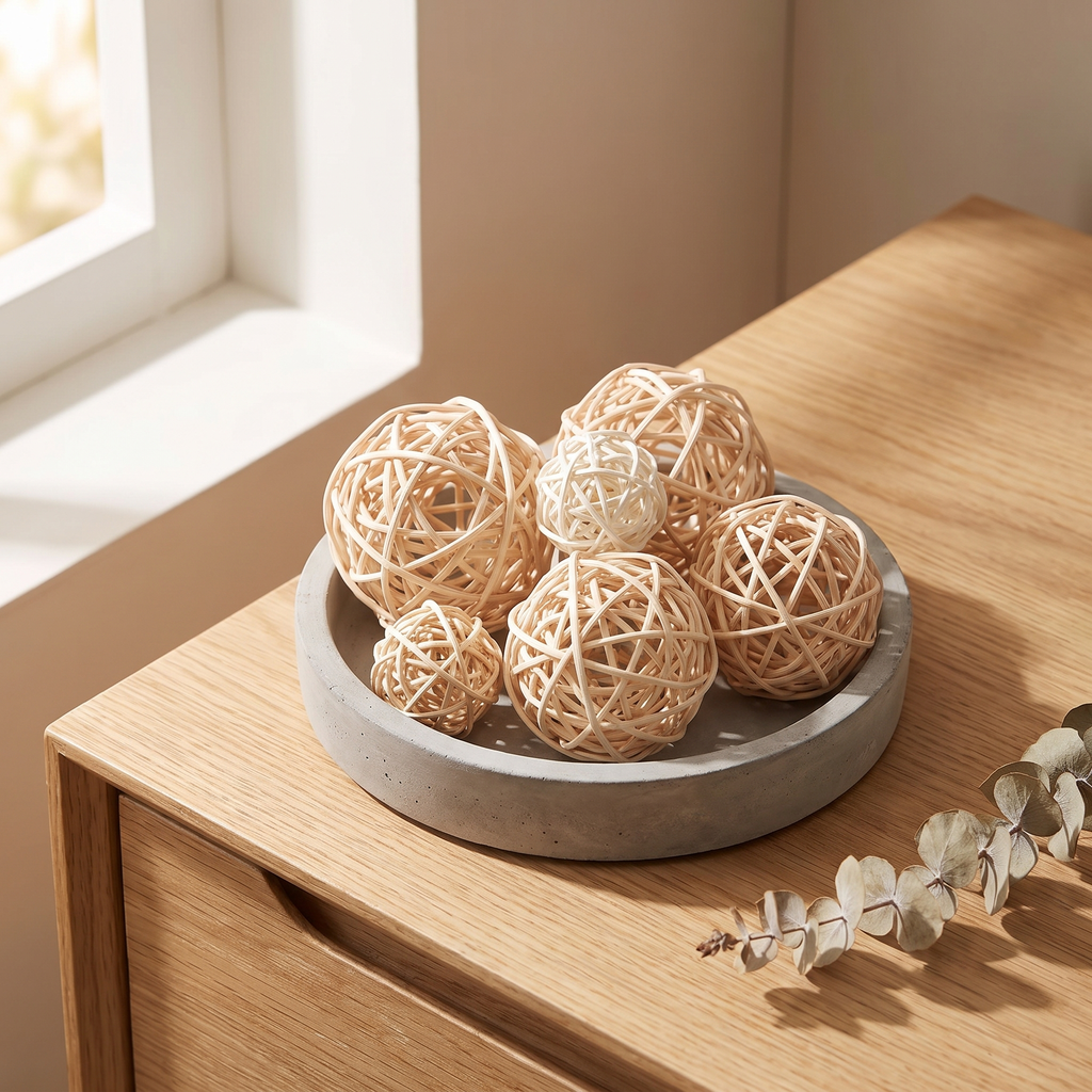 Two sizes of woven rattan orbs resting in a minimalist concrete dish