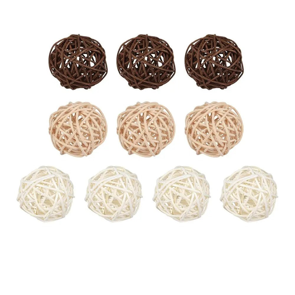Pack of 10 woven rattan balls, 5 cm each: 3 coffee brown, 3 natural tan and 4 white