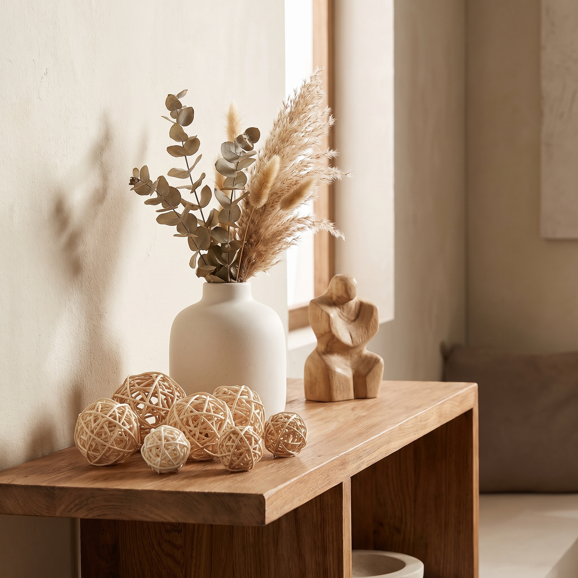 Rattan balls styled on an open shelf with a vase and a small sculpture