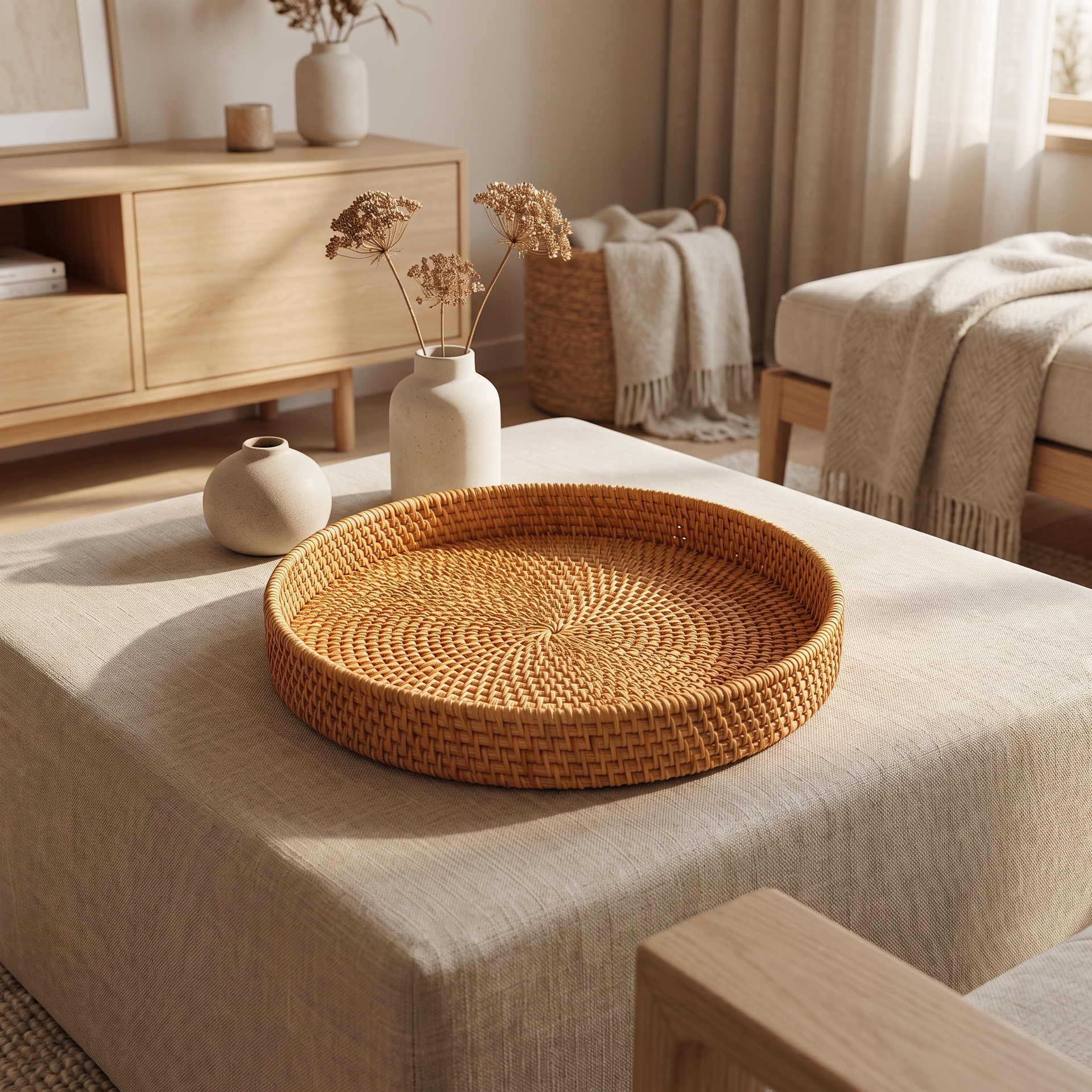 Natural rattan tray holding a candle and a stack of books