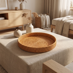Natural rattan tray holding a candle and a stack of books