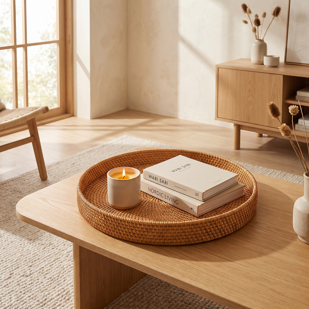 Low-rim woven tray styled on an entryway console with keys