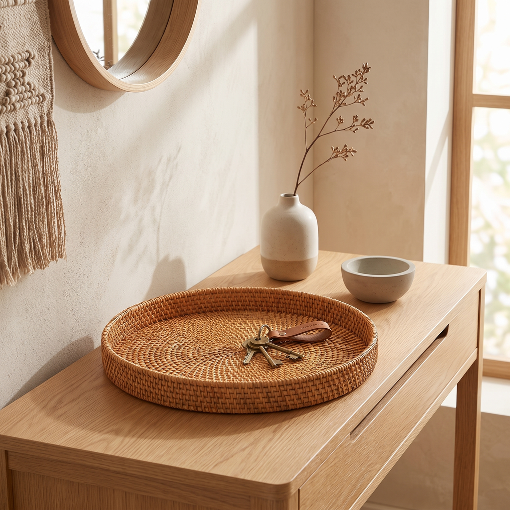 Rattan tray with a small vase and trinket dish in soft daylight