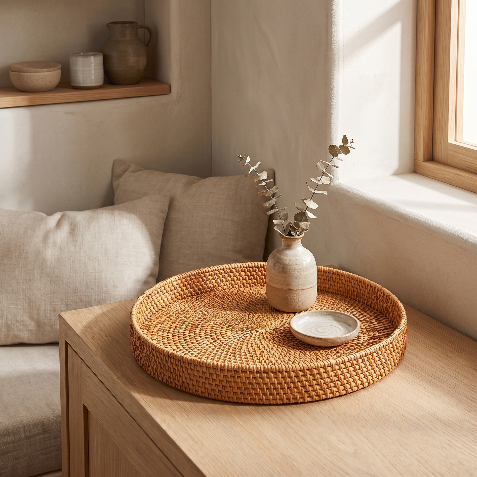 Overhead view of the woven rattan tray showing its spiral weave