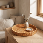 Overhead view of the woven rattan tray showing its spiral weave
