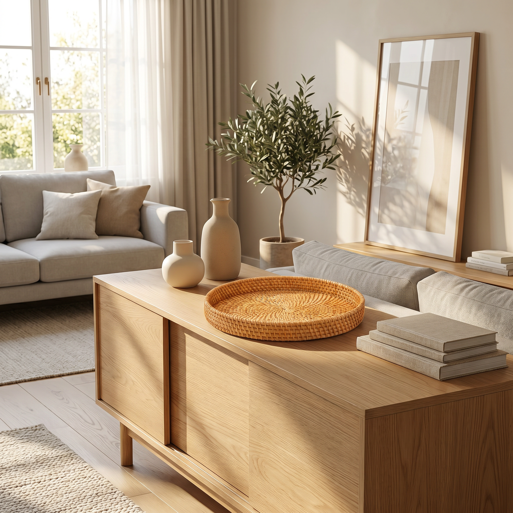 Natural tan rattan tray on a wood sideboard in a calm living room