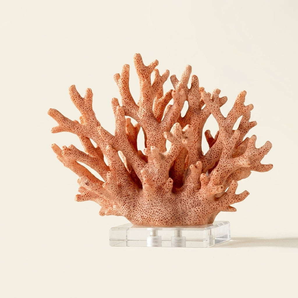 Coral-orange branching coral sculpture with speckled texture on a clear acrylic block base, on a warm-white studio backdrop