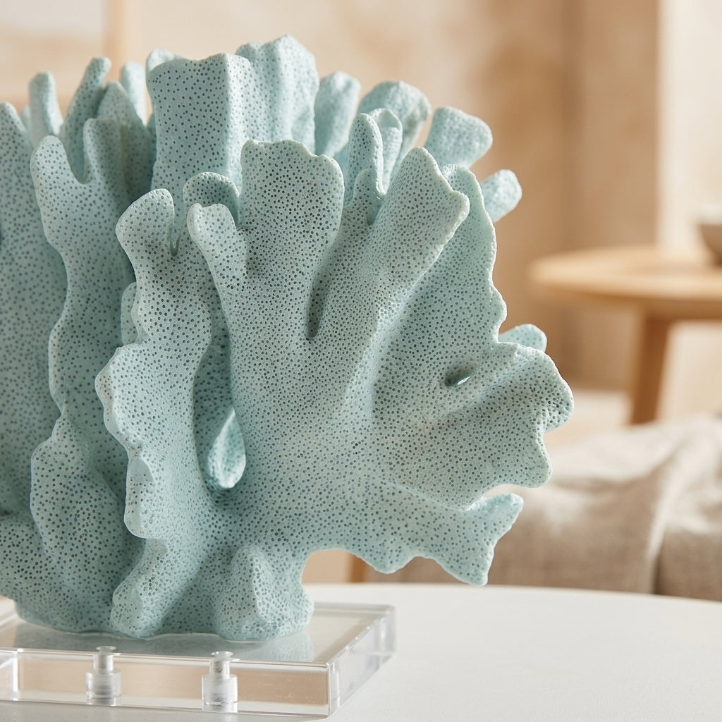 Close-up of the speckled matte texture on the mint fan coral sculpture's fronds