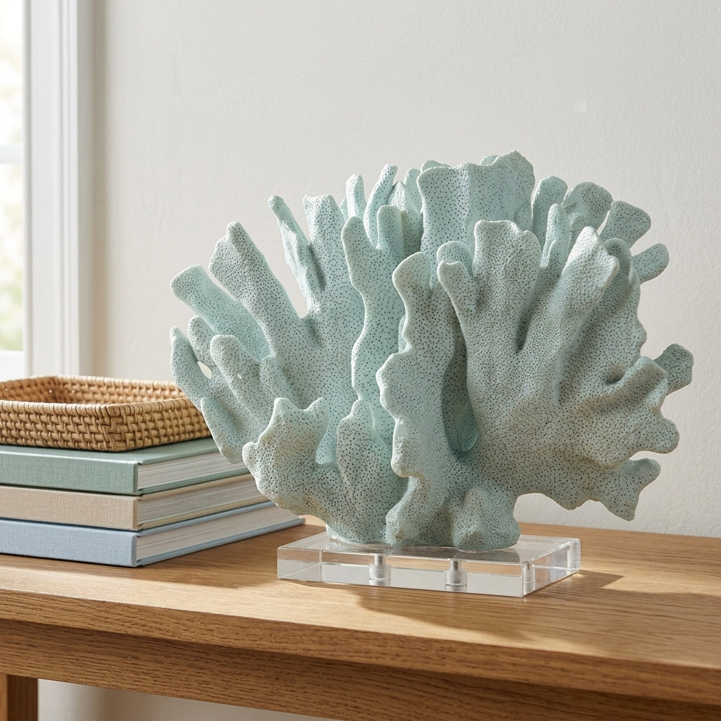 Mint fan coral sculpture styled on a warm oak console table with books and a woven tray