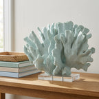 Mint fan coral sculpture styled on a warm oak console table with books and a woven tray