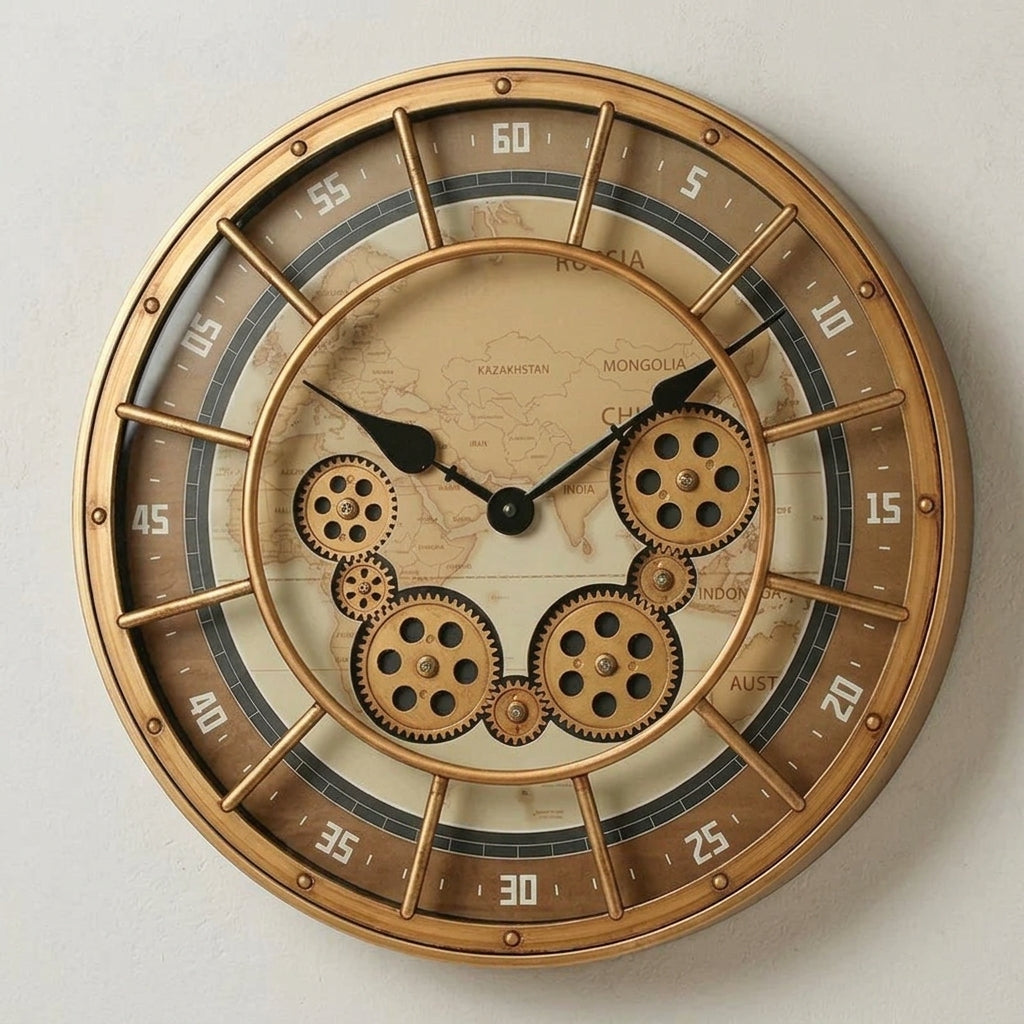 Three-quarter angle of the golden world-map gear wall clock showing its frame depth