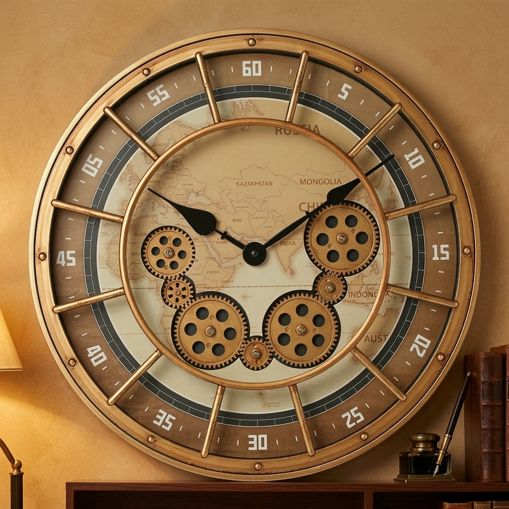 Golden world-map gear wall clock on a warm-toned wall in a cozy study at dusk