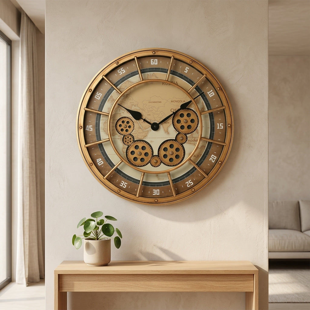 Golden world-map gear wall clock mounted on a beige wall above a wood console with a plant