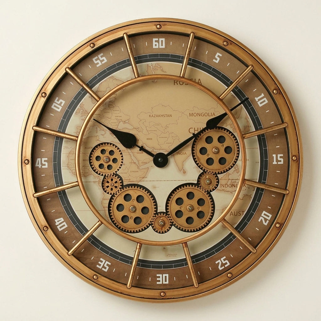Golden world-map gear wall clock with exposed brass-toned gears, golden metal frame and minute-track numerals, front view on a warm-white studio background