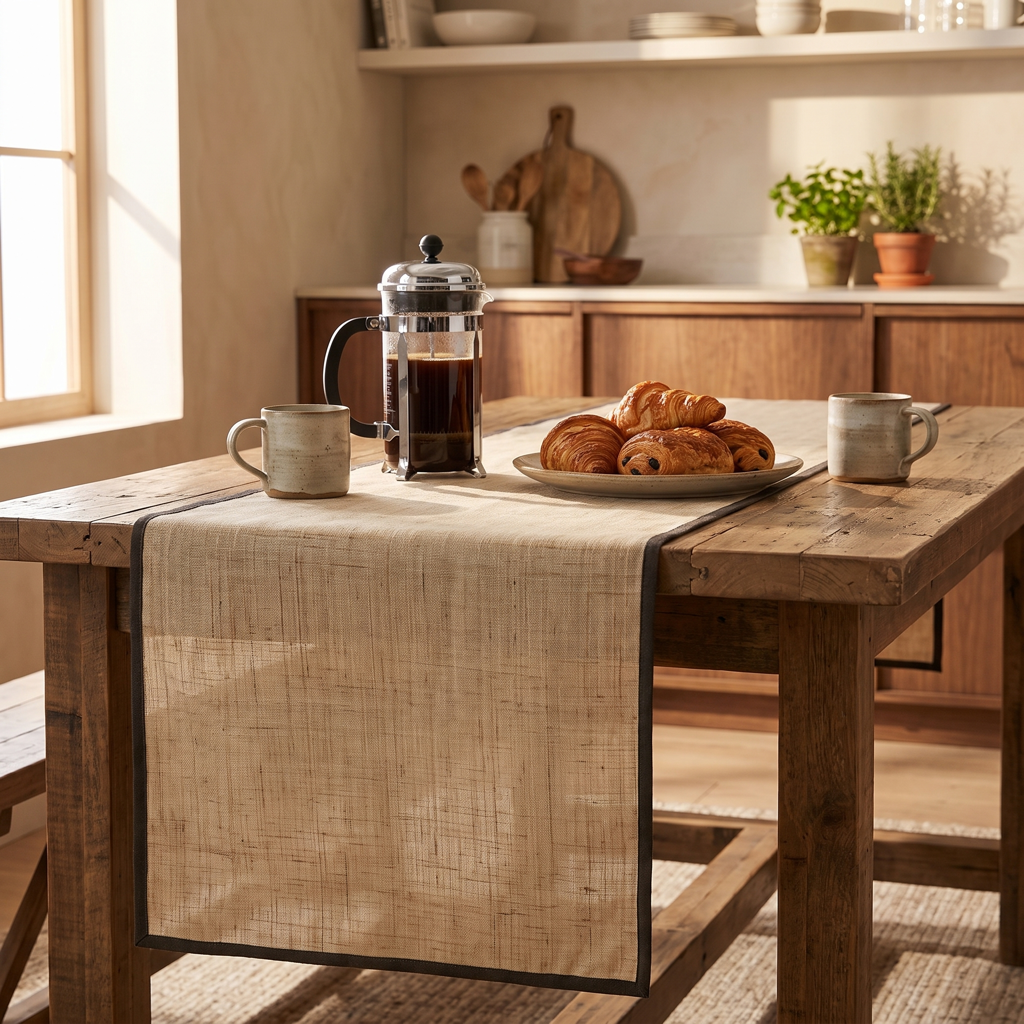 Natural linen runner with a dark contrast-bound edge on a reclaimed-wood breakfast table with a French press and croissants