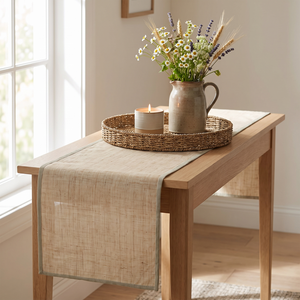 Natural linen runner with a contrast-bound edge on a light console with a woven tray, candle and wildflowers
