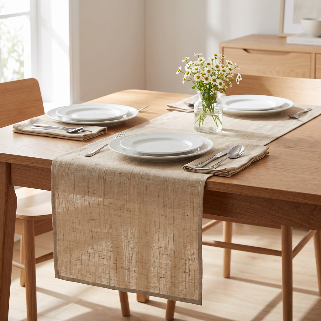 Natural linen table runner with a contrast-bound edge on a set dining table with white plates and a vase of daisies