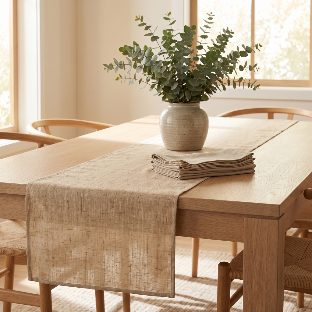 Natural tan linen table runner with a soft contrast-bound edge on a pale oak table with a eucalyptus vase and stacked napkins