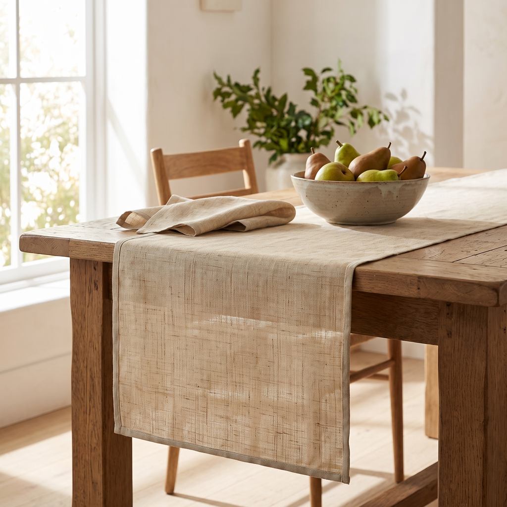 Natural linen table runner with a contrast-bound edge on an oak farmhouse table with pears and a napkin
