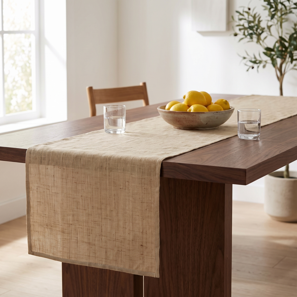 Natural linen runner with a contrast-bound edge on a dark walnut table with lemons and glasses