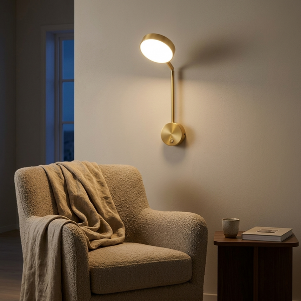 Gold wall sconce above a cozy reading armchair with a linen throw
