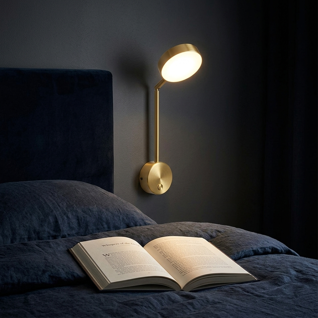 Gold wall sconce used as a bedside reading light with an open book at night