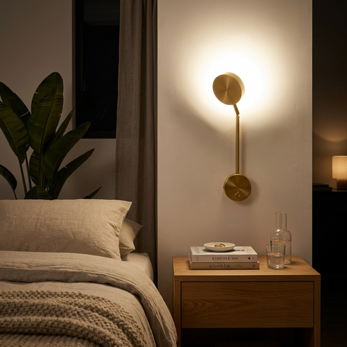 Brushed gold wall sconce glowing warm above a wooden nightstand in a cozy bedroom