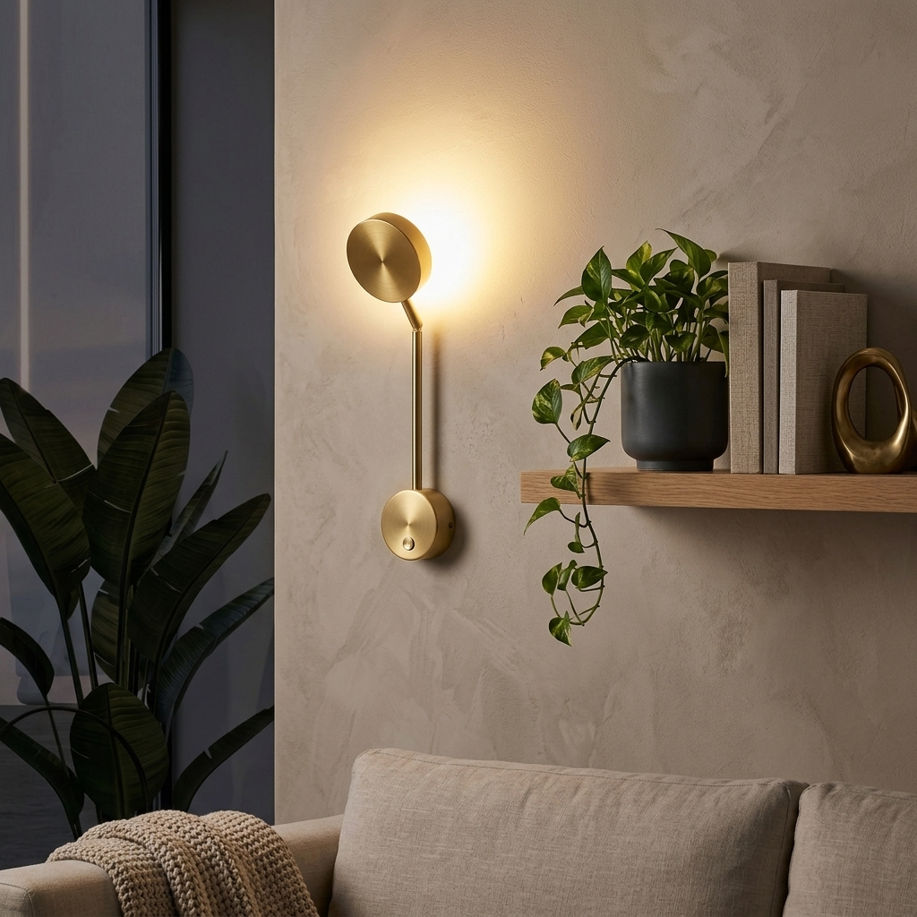 Gold wall sconce on a living room accent wall beside a floating shelf with a plant
