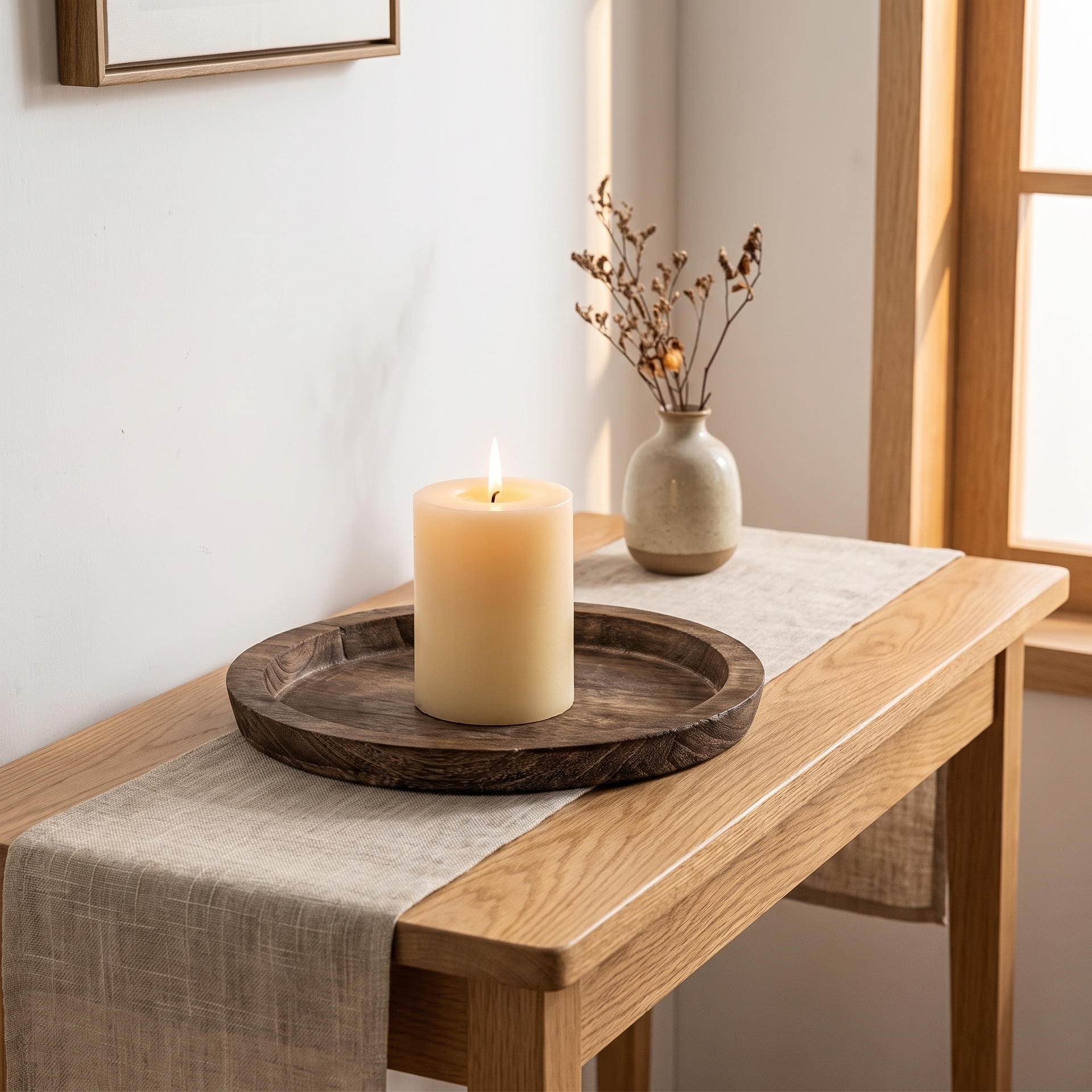 Small wood tray corralling keys and a folded note by an entryway