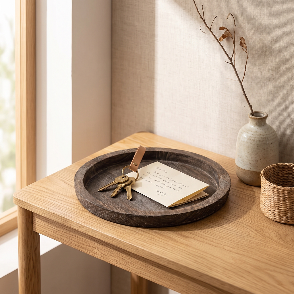 Large round wooden tray styled with a vase and stacked books