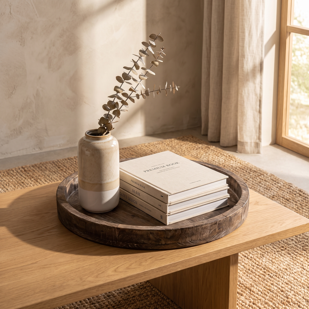 Natural wood tray with a coffee cup and trinket dish on a side table