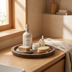 Wooden tray gathering soap and skincare on a calm bathroom counter