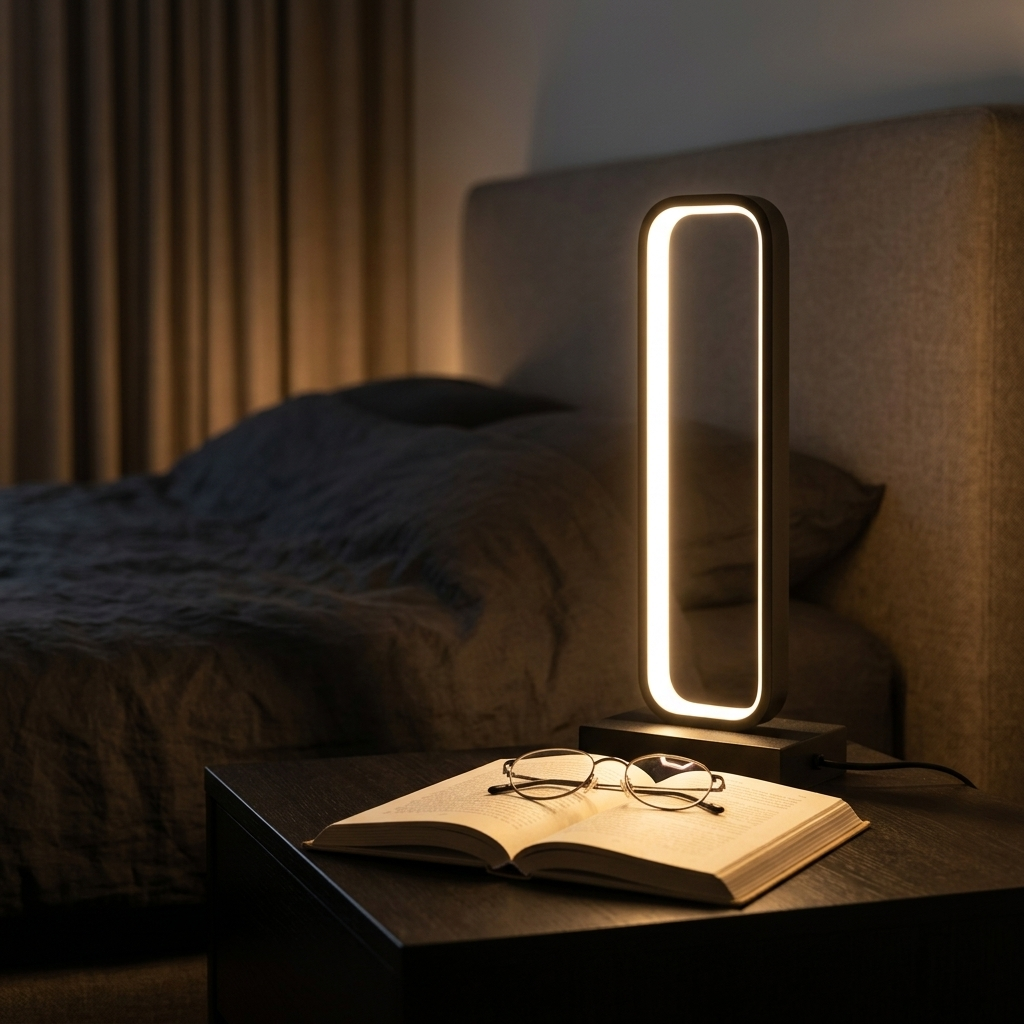 Black LED frame table lamp on a bedside table beside an open book at night