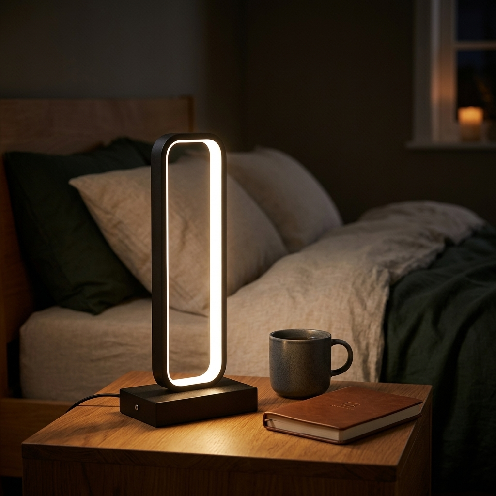 Black LED frame table lamp glowing warm on a nightstand in a cozy bedroom