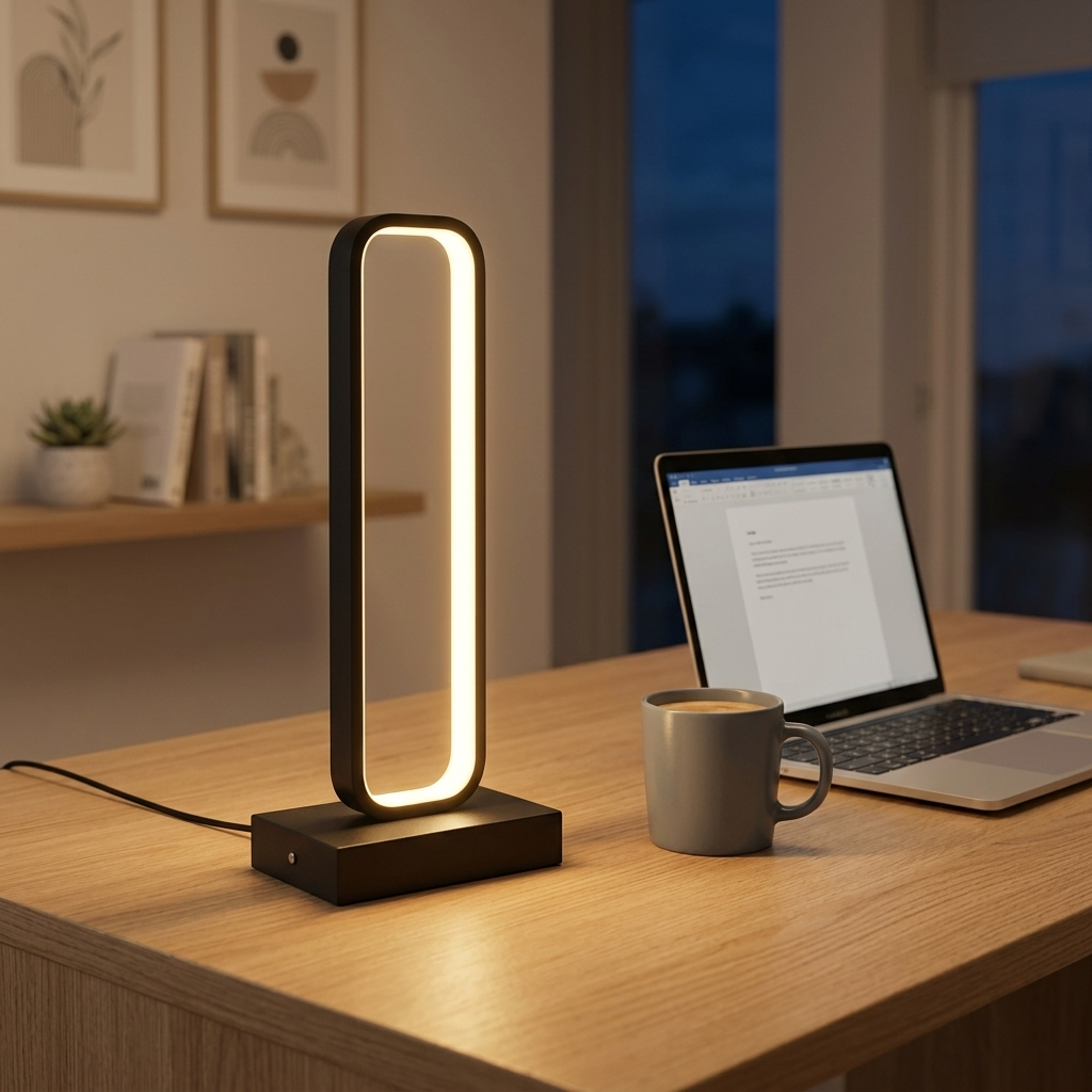 Black LED frame table lamp on a wooden desk beside a laptop in a home office at dusk
