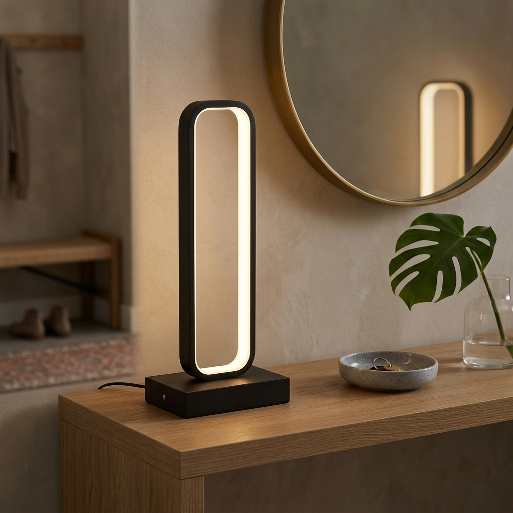 Black LED frame table lamp glowing warm white on a console table beneath a round mirror