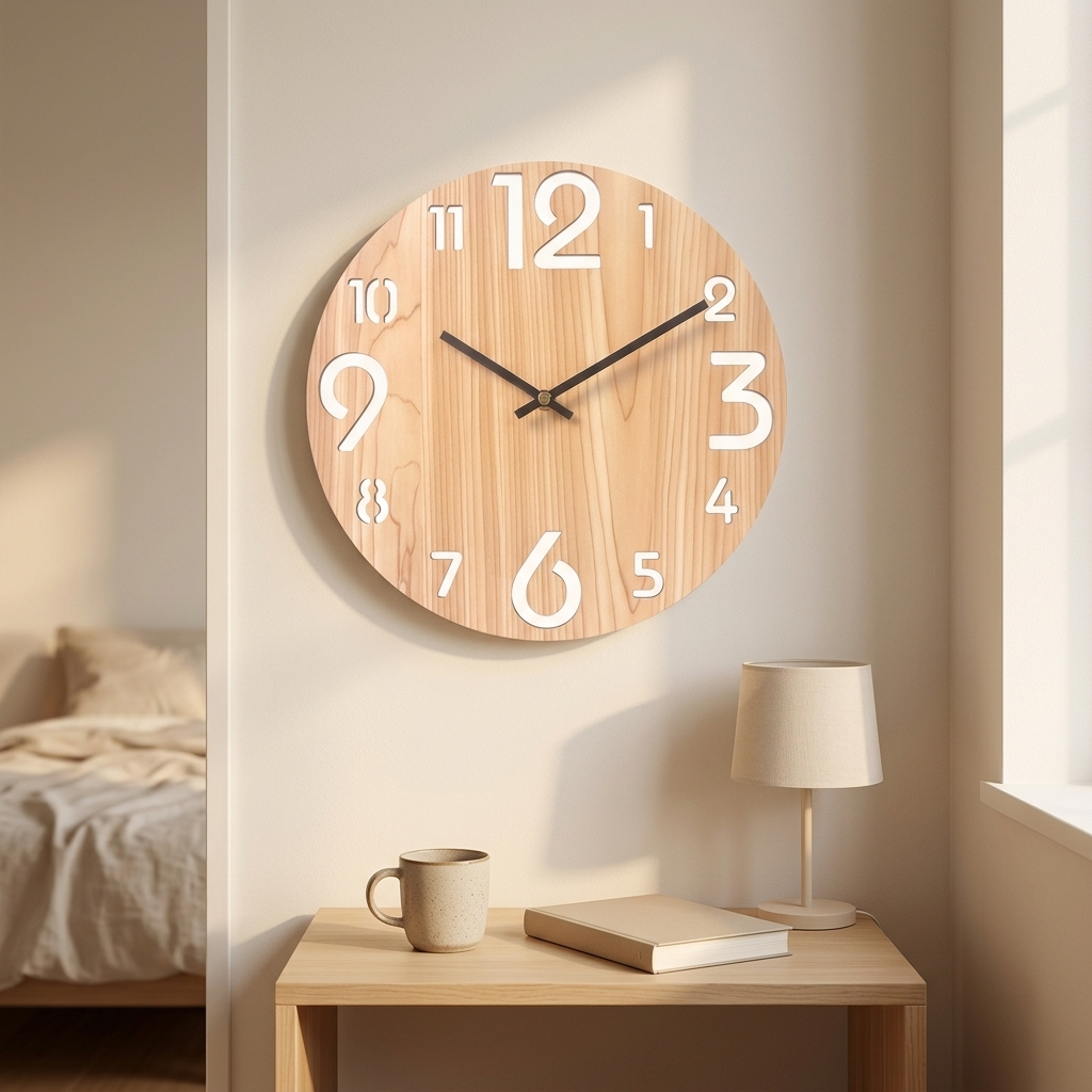 Blonde pine Nordic wall clock with large white numerals in a warm minimalist bedroom