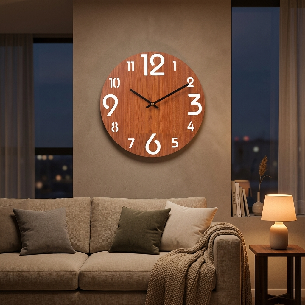 Dark cherry wood Nordic wall clock with white numerals in a cozy living room