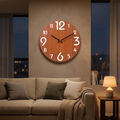 Dark cherry wood Nordic wall clock with white numerals in a cozy living room