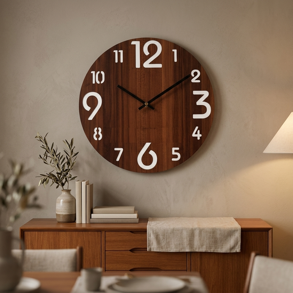 Warm mahogany wood Nordic wall clock with white numerals above a dining sideboard