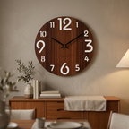Warm mahogany wood Nordic wall clock with white numerals above a dining sideboard