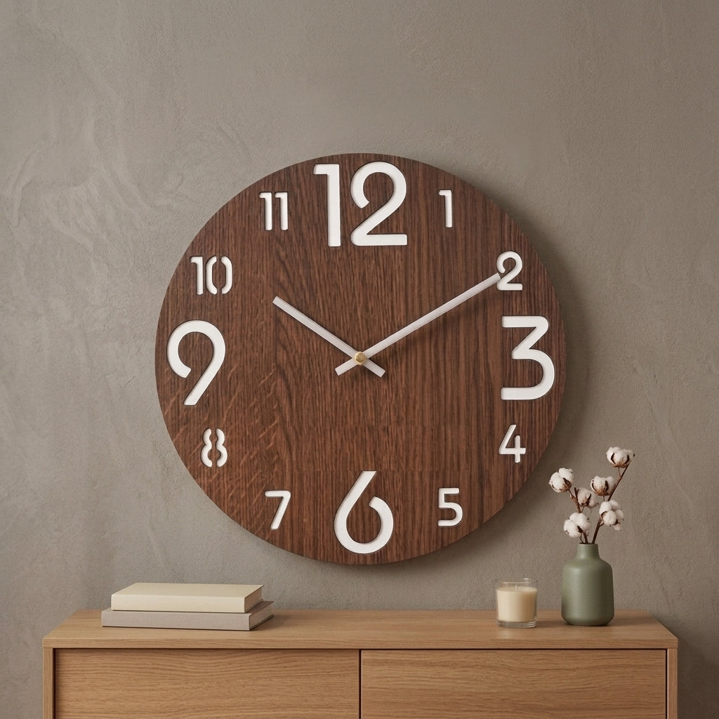 Dark walnut Nordic wall clock with white numerals and white hands in a cozy living room