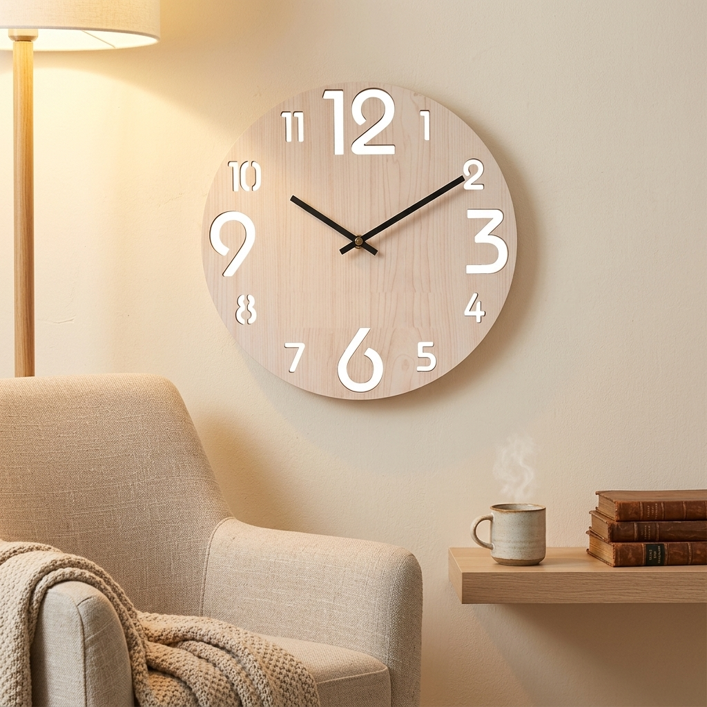 Whitewashed ash Nordic wall clock with white numerals in a cozy reading corner