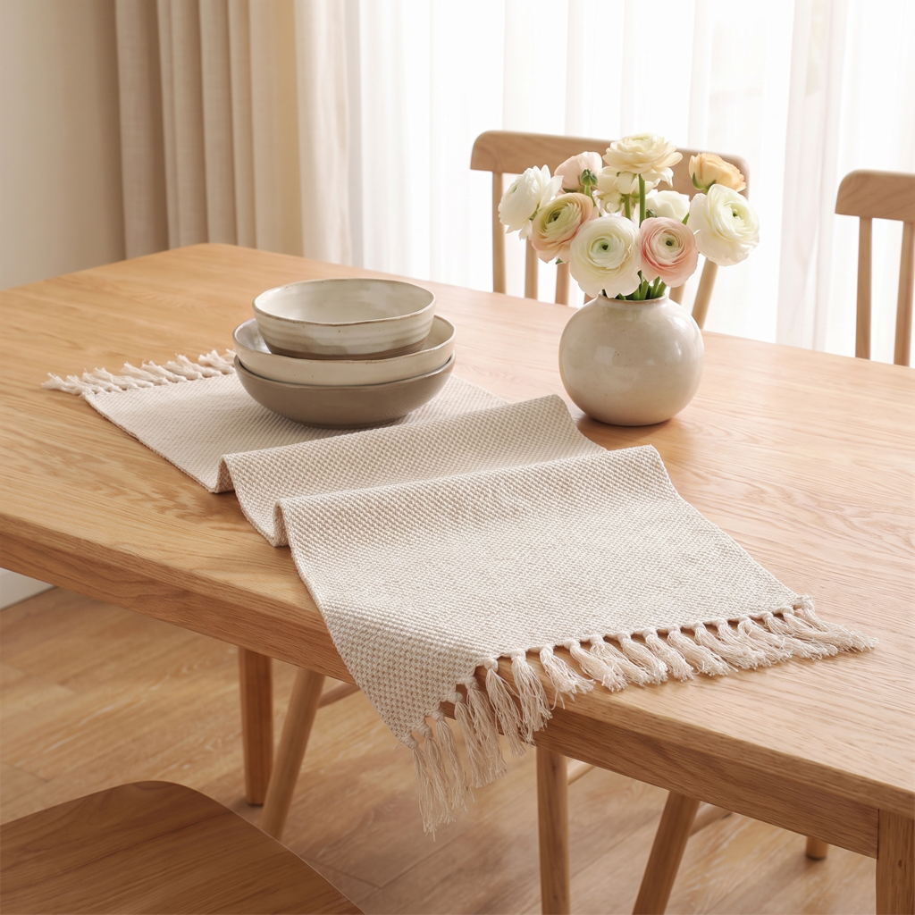 Cream waffle-weave cotton table runner with tassel fringe on an oak table with bowls and ranunculus