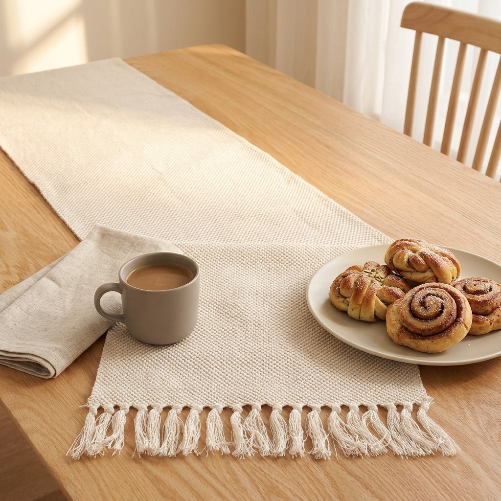 Cream waffle-weave cotton table runner with tassel fringe on an oak breakfast table
