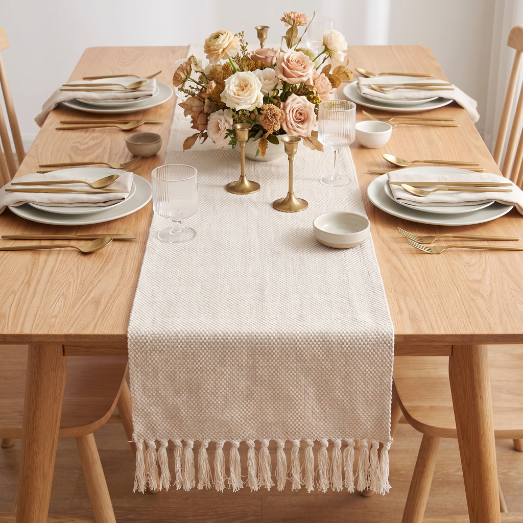 Cream waffle-weave cotton table runner with hand-knotted tassel fringe on a set dinner table with a floral centerpiece
